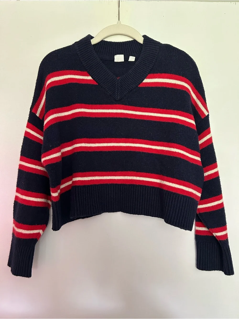 GAP Kids Girl’s Navy V-Neck Cropped Sweater with Red and White Stripes size 10